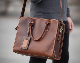 Mens Leather Laptop Briefcase, Leather Office Bag for Man, Macbook Leather Bag, Custom Leather Briefcase