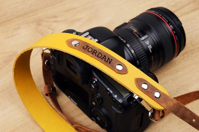 Genuine Leather Camera Strap, Custom Photographer Gift, Personalized Father's Day Gift,DSLR Camera Strap, Canon Strap,Engraved Leather Strap Yellow