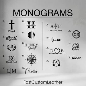 K&ouml;nnte beinhalten: Grafik mit verschiedenen schwarzen Monogramm-Designs. Das Wort "MONOGRAMS" steht oben. Designs umfassen Initialen, Namen, ein Kreuz, einen Kompass und ein Herz. Der Text "FastCustomLeather" befindet sich unten.