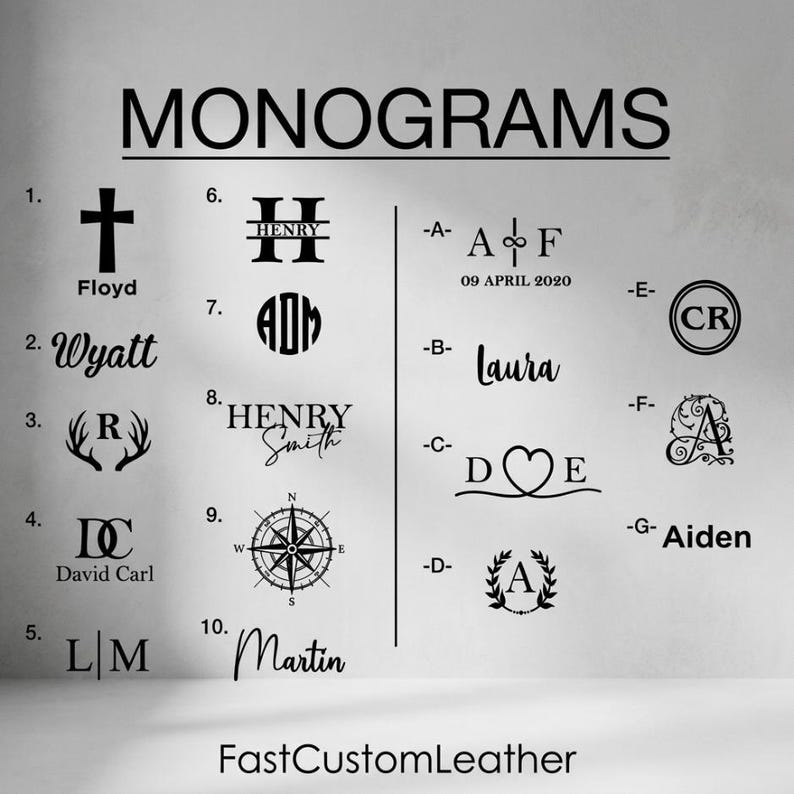 K&ouml;nnte beinhalten: Grafik mit verschiedenen schwarzen Monogramm-Designs. Das Wort "MONOGRAMS" steht oben. Designs umfassen Initialen, Namen, ein Kreuz, einen Kompass und ein Herz. Der Text "FastCustomLeather" befindet sich unten.