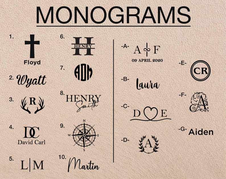 Pu&ograve; includere: Immagine che mostra vari disegni di monogrammi con nomi e iniziali. La parola "MONOGRAMS" &egrave; in alto. I disegni includono una croce, corna, una bussola e altri elementi decorativi. Le misure non sono applicabili.