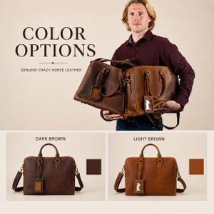 K&ouml;nnte beinhalten: Das Bild zeigt zwei Ledertaschen in Dunkelbraun und Hellbraun. Die Taschen haben Griffe, Schultergurte und Anh&auml;nger. Der Text "COLOR OPTIONS" und "GENUINE CRAZY HORSE LEATHER" sind zu sehen.