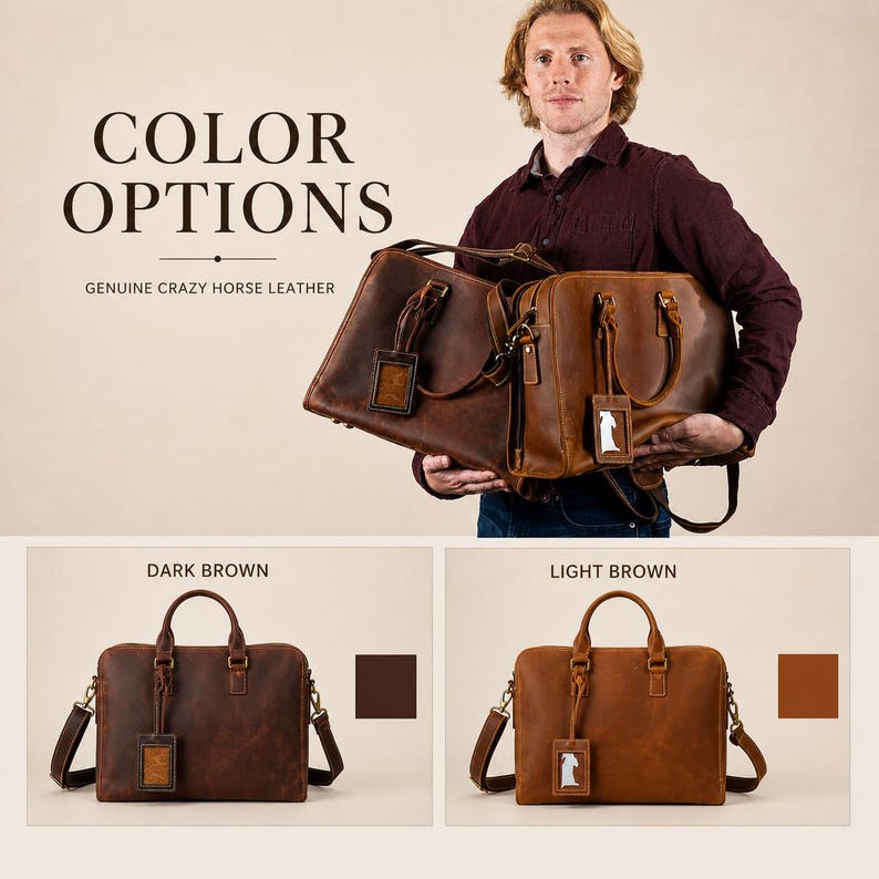 K&ouml;nnte beinhalten: Das Bild zeigt zwei Ledertaschen in Dunkelbraun und Hellbraun. Die Taschen haben Griffe, Schultergurte und Anh&auml;nger. Der Text "COLOR OPTIONS" und "GENUINE CRAZY HORSE LEATHER" sind zu sehen.