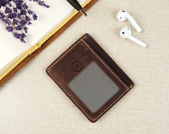 Custom Leather Card Holder, Engraved Slim Wallet, Minimalist Design