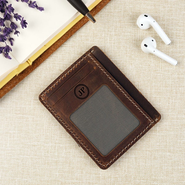 Leather Card Holder, Personalized Thin Wallet, Credit Card Case, Engraved Slim Id Wallet, Minimalist Pocket Wallet,Father's Day Gift for Him