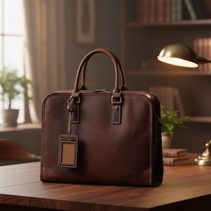 Può includere: Una valigetta in pelle marrone con manico superiore ed etichetta bagaglio rettangolare. La borsa è su una scrivania di legno. La valigetta ha una chiusura a cerniera e finiture in metallo.