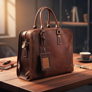 K&ouml;nnte beinhalten: Eine braune Lederaktentasche mit einem oberen Griff und einem rechteckigen Gep&auml;ckanh&auml;nger. Die Tasche hat einen Rei&szlig;verschluss und ein gen&auml;htes Design. Ein Notizbuch, ein Stift und eine Tasse Kaffee stehen auf dem Holztisch.
