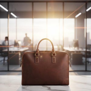 K&ouml;nnte beinhalten: Eine braune Lederaktentasche mit oberem Griff und goldfarbener Hardware. Die Tasche ist rechteckig mit Rei&szlig;verschluss und steht auf einer Marmoroberfl&auml;che. Der Hintergrund zeigt eine B&uuml;roumgebung mit Glasw&auml;nden und verschwommenen Figuren.