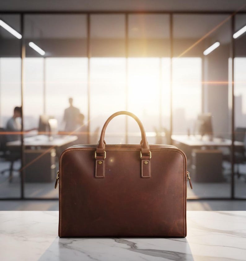 K&ouml;nnte beinhalten: Eine braune Lederaktentasche mit oberem Griff und goldfarbener Hardware. Die Tasche ist rechteckig mit Rei&szlig;verschluss und steht auf einer Marmoroberfl&auml;che. Der Hintergrund zeigt eine B&uuml;roumgebung mit Glasw&auml;nden und verschwommenen Figuren.