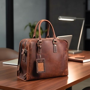 K&ouml;nnte beinhalten: Eine braune Lederaktentasche mit oberem Griff und rechteckigem Gep&auml;ckanh&auml;nger. Die Tasche hat zwei Rei&szlig;verschl&uuml;sse und ein gen&auml;htes Design. Die Aktentasche steht auf einem Holzschreibtisch.