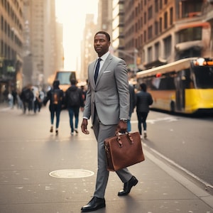 May include: A man in a light gray suit, white shirt, and navy tie walks down a city street. He carries a brown leather briefcase and wears black dress shoes. The background shows city buildings and a yellow bus.