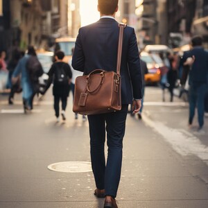 K&ouml;nnte beinhalten: Eine Person in einem marineblauen Anzug geht eine Stadtstra&szlig;e entlang und tr&auml;gt eine braune Lederaktentasche mit Schulterriemen. Die Aktentasche hat einen Griff und ein kleines Etikett. Im Hintergrund sind andere Personen und Fahrzeuge zu sehen.