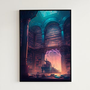 Puede incluir: Una pintura digital de una gran biblioteca ornamentada con estanterías llenas de libros que recubren las paredes. La habitación está iluminada por un suave resplandor etéreo que emana de una nube de energía púrpura que gira en el centro de la habitación. Una pequeña figura se sienta en una escalera de piedra, mirando hacia arriba a la nube de energía.