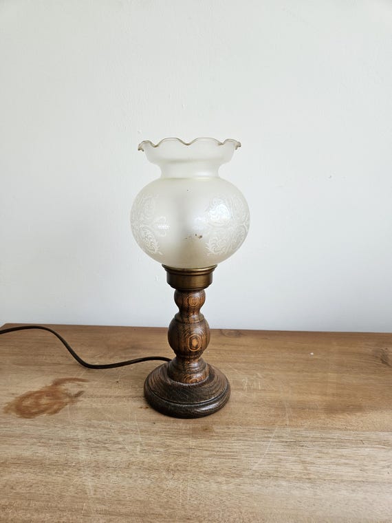 Vintage Wooden Table Lamp with Frosted Glass Shade – Rustic Bedside Lamp – 30 cm / 11.8 inch