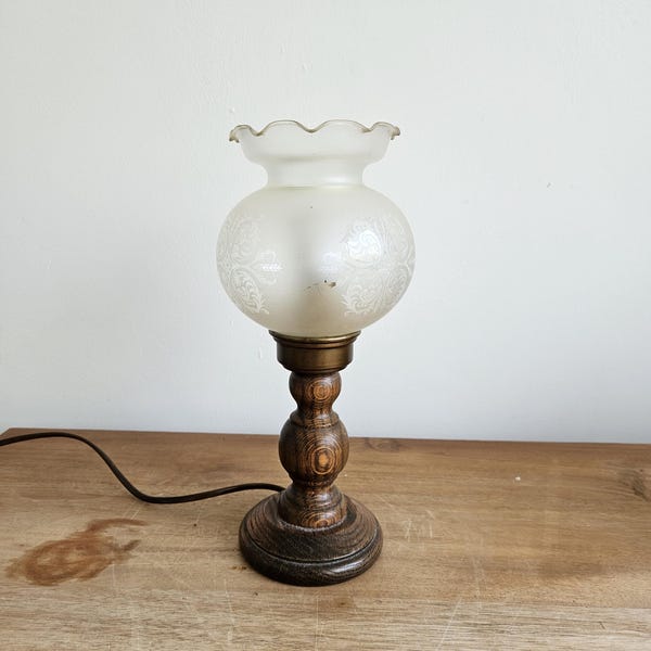 Vintage Wooden Table Lamp with Frosted Glass Shade – Rustic Bedside Lamp – 30 cm / 11.8 inch
