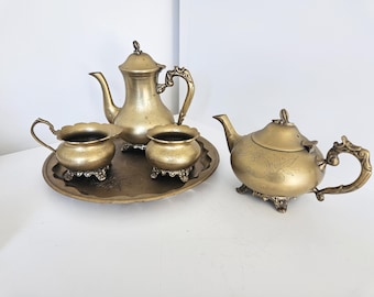 Vintage Brass Tea Set with Tray – Teapot, Sugar & Creamer – 31 cm Tray