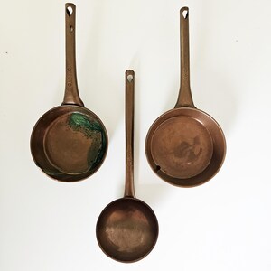 Set of 3 Vintage Copper Ladles & Small Pans | Rustic Kitchen Decor | French Country Style | Copper Utensils