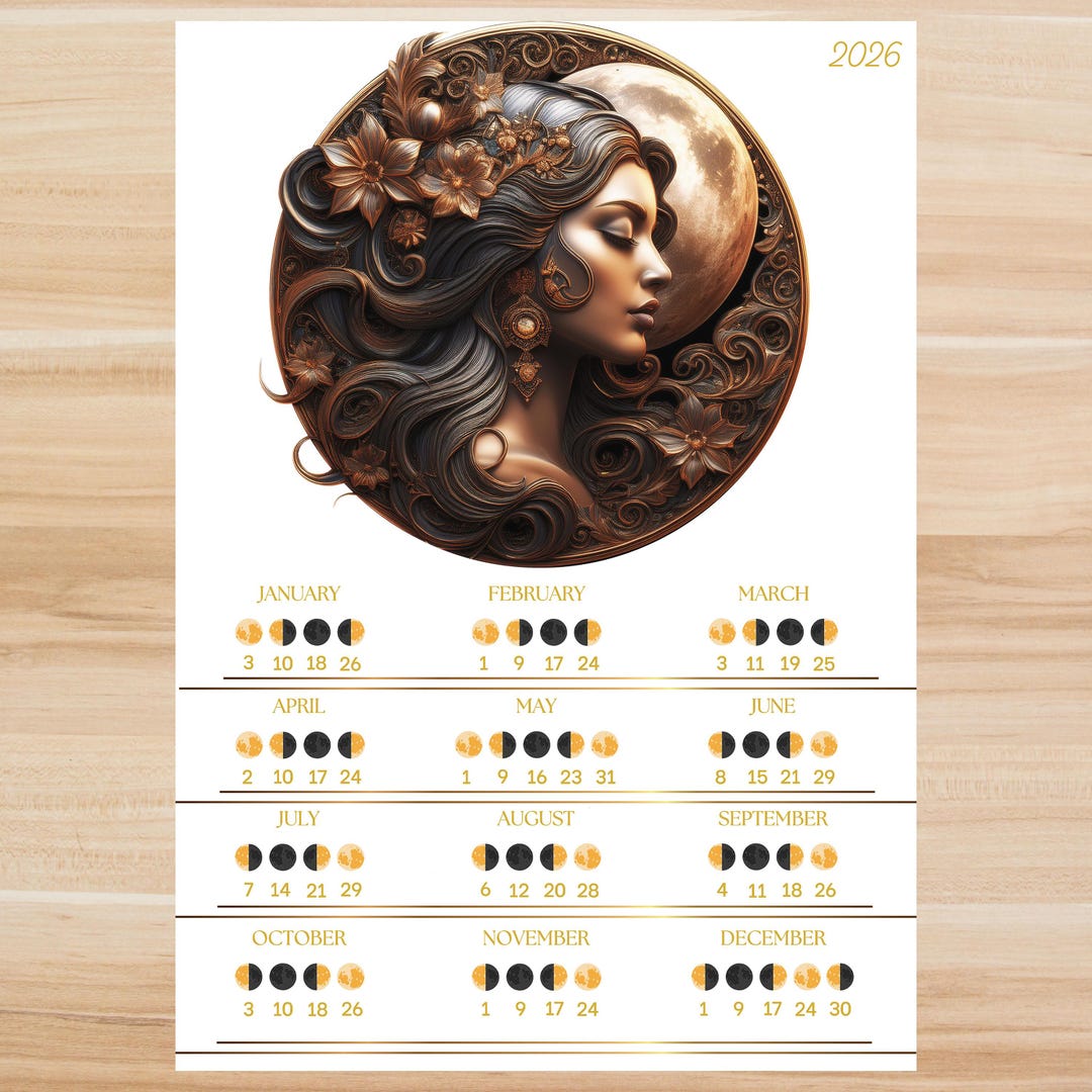 One Page Moon Calendar 2026 Printable – Lunar Phases Poster, Minimal ...