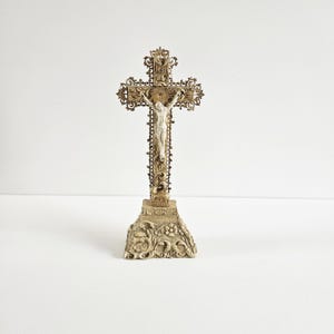 Antique French Standing Crucifix | Wooden Altar Cross with Gilt Filigree | Lamb of God Catholic Decor