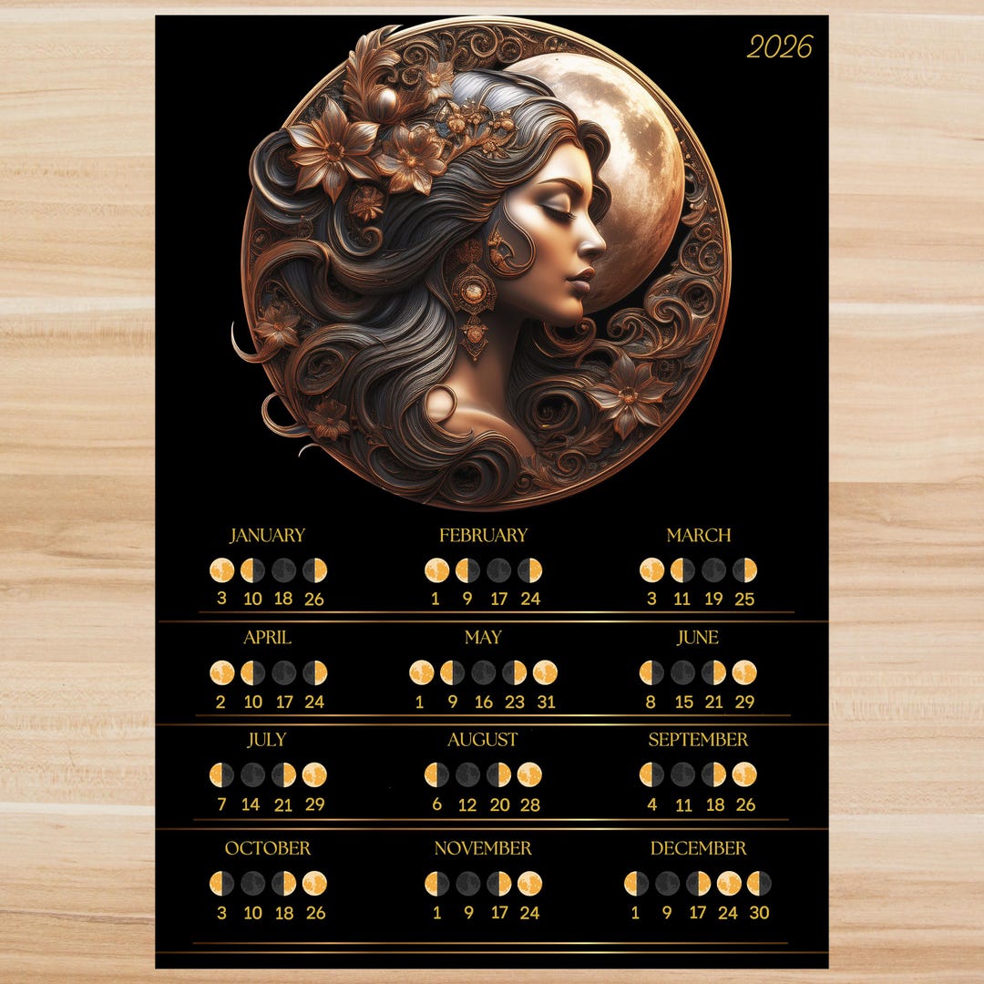 One Page Moon Calendar 2026 Printable – Lunar Phases Poster, Minimal ...