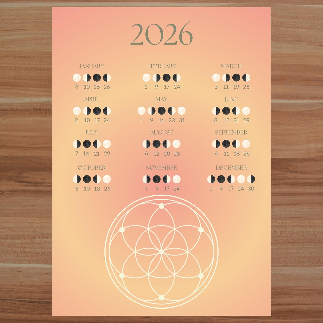 One Page Moon Calendar 2026 Printable – Lunar Phases Poster, Minimal ...