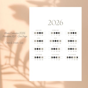 Simple Moon Phase Calendar 2026 Printable – One Page Poster | Lux