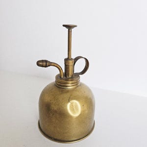 May include: A vintage brass plant mister with a rounded base, a long nozzle, and a small handle. The mister has a classic design and a warm, aged patina, suggesting it's an antique or a well-loved item. It is likely used for spraying water on plants.