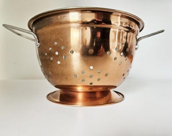 Scolapasta vintage in rame con manici | Decorazione rustica per la cucina in stile country francese | Scolapasta in stile francese | 28,5 cm / 11,2 pollici