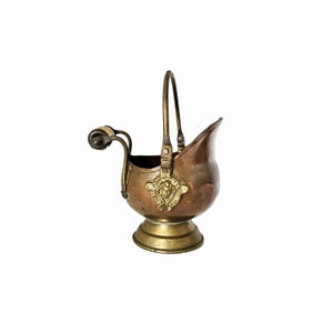 Vintage Dutch Copper Coal Scuttle, Delft Blue Porcelain Handle, Small Decorative Planter
