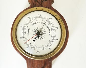 Barômetro de parede vintage holandês / Estação meteorológica de madeira / Mostrador de latão / Medidor meteorológico holandês / Decoração de parede rústica 29 cm