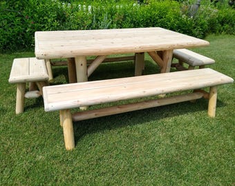 Handmade Rustic Outdoor Picnic Table | Solid Wood Farmhouse Patio Table | Backyard Dining Table for Garden, Porch & Outdoor Gatherings