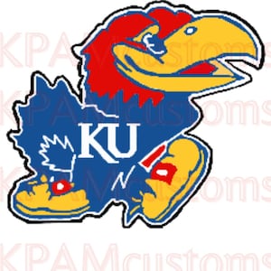 May include: A blue and yellow cartoon bird with a red head and beak. The bird is holding a blue and white sign that says "KU".
