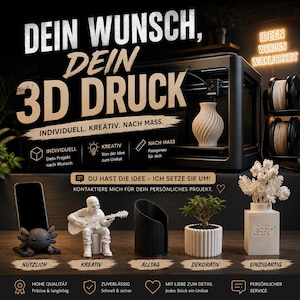 May include: A 3D printer producing a white vase, surrounded by various 3D printed items including an axolotl phone stand, a skeleton playing guitar, a black cylindrical holder, a small potted plant, and a white LEGO-style vase with flowers.