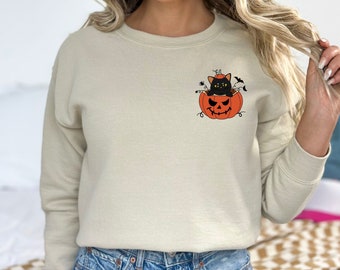 Pumpkin Halloween Sweatshirt | Halloween Cat Sweatshirt | Black Cat Shirt | Pumpkin Shirt | Women's Halloween Shirt | Fall Sweatshirt