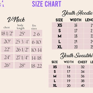 May include: Size chart for youth hoodies and sweatshirts. The chart shows sizes XS to XL with corresponding chest, width, and length measurements in inches.