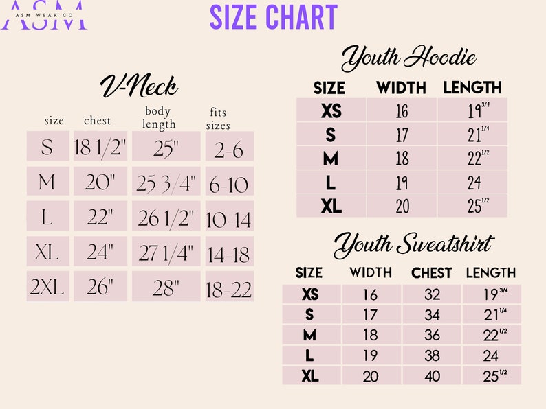May include: Size chart for youth hoodies and sweatshirts. The chart shows sizes XS to XL with corresponding chest, width, and length measurements in inches.