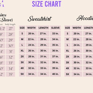 May include: Size chart for unisex short sleeve shirts, sweatshirts, and hoodies. The chart shows sizes XS to 5XL with measurements in inches for chest, body length, width, length, and sleeve length.