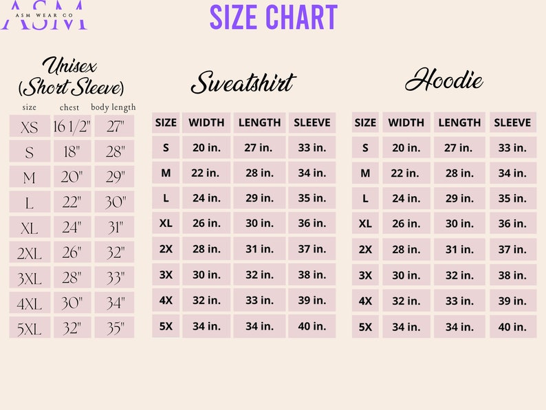 May include: Size chart for unisex short sleeve shirts, sweatshirts, and hoodies. The chart shows sizes XS to 5XL with measurements in inches for chest, body length, width, length, and sleeve length.