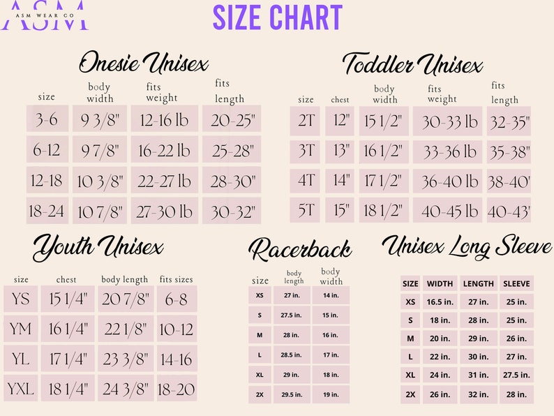 May include: Size chart for unisex clothing, including onesies, toddler sizes, youth sizes, racerback tops, and long sleeve shirts. The chart includes measurements for body width, length, chest, and weight.