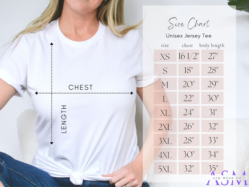 以下が含まれることがあります： ユニセックスジャージTシャツのサイズチャート。チャートは、XSから5XLまでのサイズについて、胸囲と胴体の長さをインチで示しています。