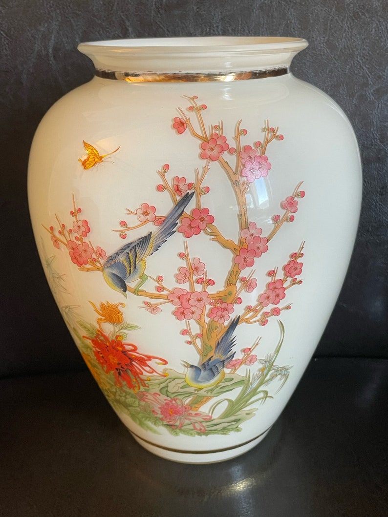 Antique Glass Vase Gold Trim, Hand Painted, Birds and Cherry Blossoms