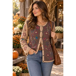 Puede incluir: Un cárdigan de manga larga con botones, cuerpo marrón oscuro y mangas de color beige claro. La prenda está decorada con patrones florales bordados en tonos rojos, azules y amarillos. Se combina con pantalones vaqueros azules y un cinturón de cuero marrón.