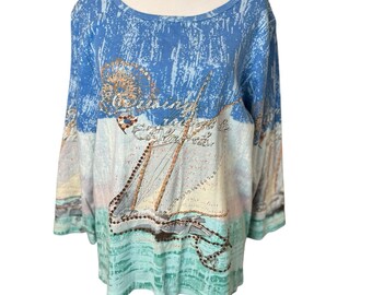 Camisa estampada completa para mujer Vtg Take Two XXL Arte para llevar Crucero en velero con lentejuelas