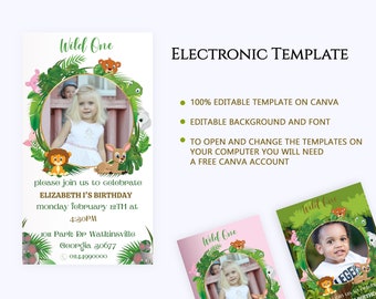 Wild One  Birthday Invite with Photo, Safari 1st Birthday Electronic Invitation Template Editable , Editable canva ,Jungle Birthday