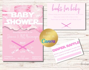 Star Wars Baby Shower Invitation, Jedi Baby Shower Invitation, Light Saber Baby Shower, Girl Baby Shower Invitation SET, Digital Download