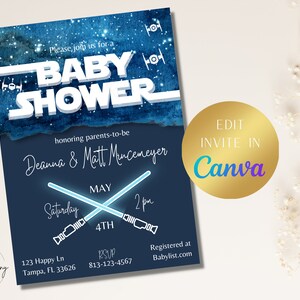 Star Wars Baby Shower Invitation, Jedi Baby Shower Invitation, Light Saber Baby Shower, Boy Baby Shower Invitation,Instant Download,Editable