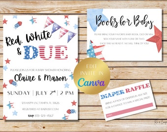 Fourth of July Baby Shower Invitation, Red White and Due, 4th of July Baby Shower Invitation, Summer Baby Shower Invitation,Instant Download