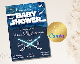 Star Wars Baby Shower Invitation, Jedi Baby Shower Invitation, Light Saber Baby Shower, Boy Baby Shower Invitation,Instant Download,Editable
