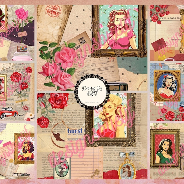 Printable Retro Pin up Girls Scrapbook Paper | Shabby Chic Pages, Junk Journal, Vintage Collage Sheet, Classic Car Print, Digital Download