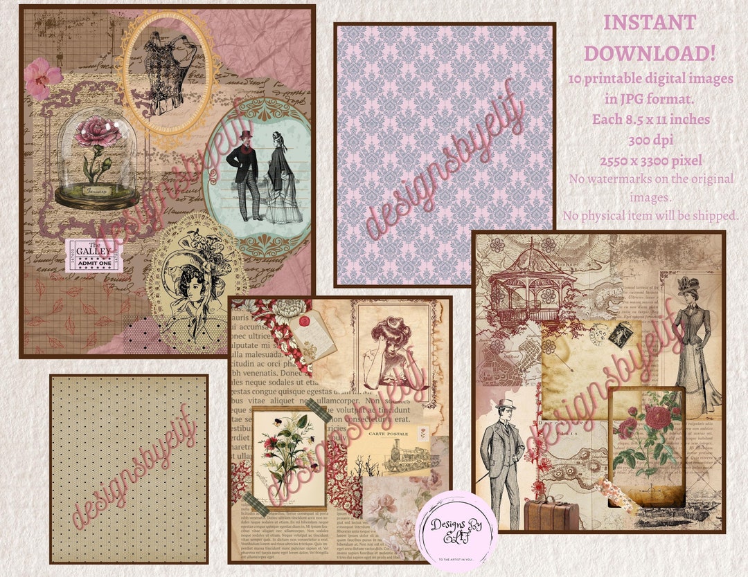 Printable Scrapbook Paper, Shabby Chic Pages, Junk Journal Kit, Vintage